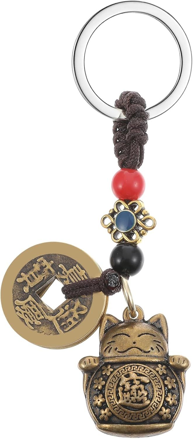 Lucky Cat Keychain, with Five Emperors Money Feng Shui Coins, Maneki Neko Good Luck Charms Lucky Tassel, Chinese Style Good Luck Charms