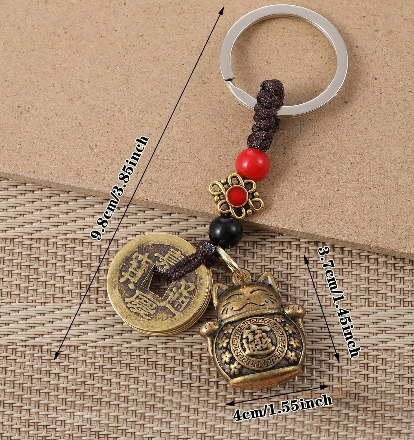Lucky Cat Keychain, with Five Emperors Money Feng Shui Coins, Maneki Neko Good Luck Charms Lucky Tassel, Chinese Style Good Luck Charms