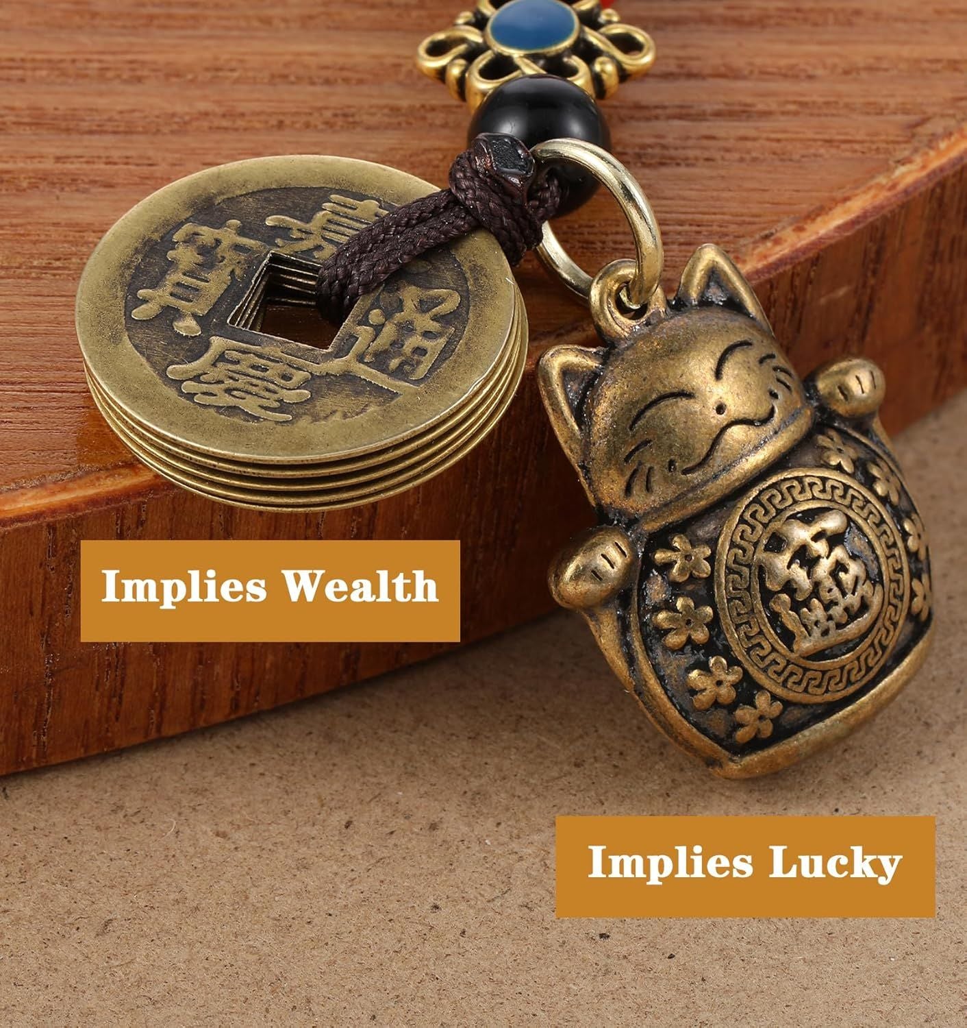 Lucky Cat Keychain, with Five Emperors Money Feng Shui Coins, Maneki Neko Good Luck Charms Lucky Tassel, Chinese Style Good Luck Charms