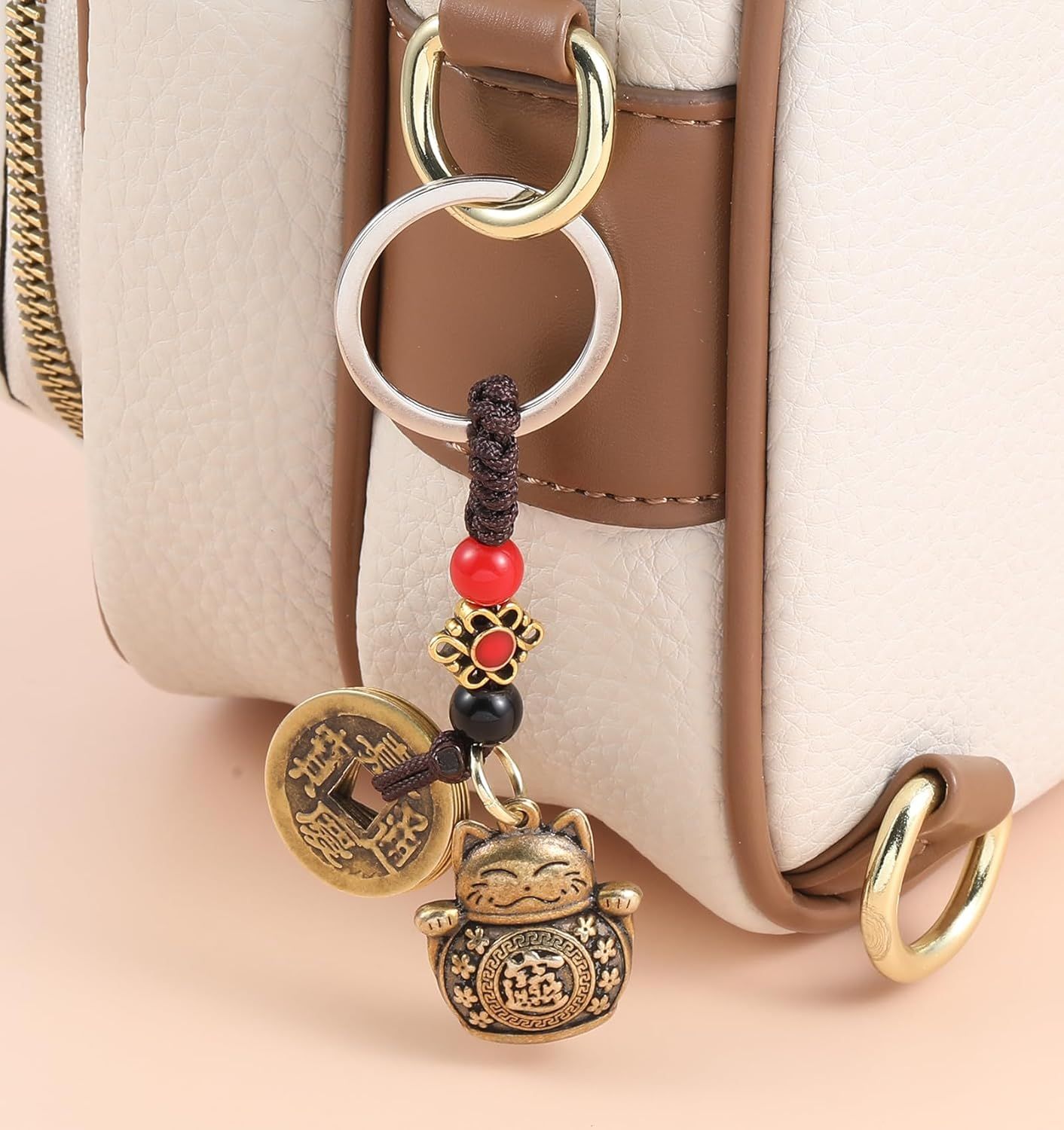 Lucky Cat Keychain, with Five Emperors Money Feng Shui Coins, Maneki Neko Good Luck Charms Lucky Tassel, Chinese Style Good Luck Charms