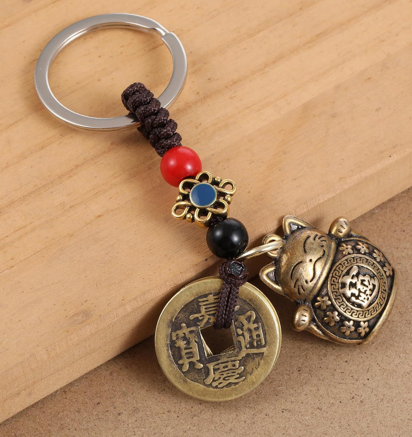 Lucky Cat Keychain, with Five Emperors Money Feng Shui Coins, Maneki Neko Good Luck Charms Lucky Tassel, Chinese Style Good Luck Charms