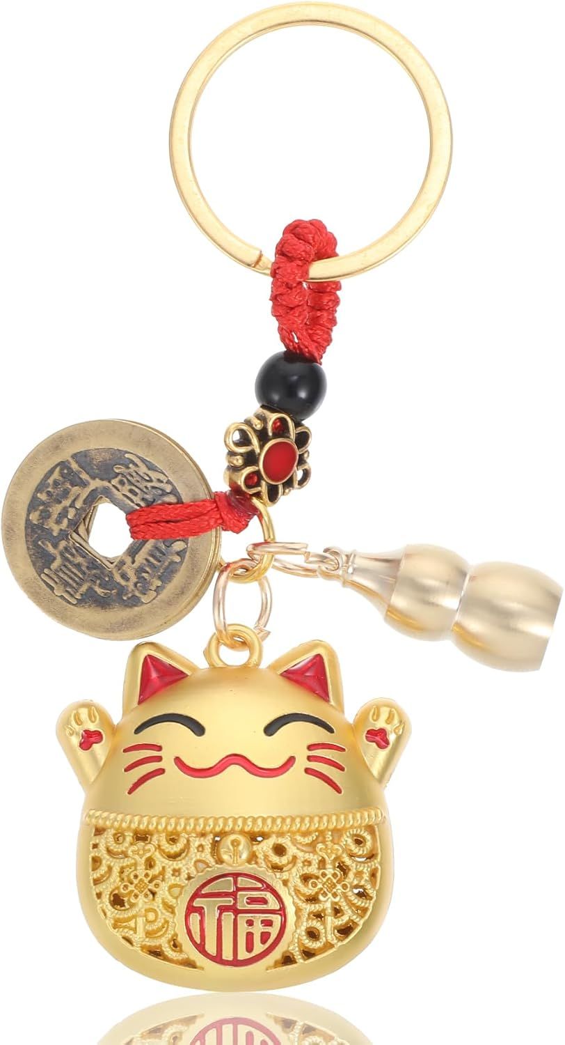 Lucky Cat Keychain, Good Luck Keychain with Feng Shui Coins, Tassel ＆ Gourd, Maneki Statue Charm for Good Luck, Gift for Cat Lovers
