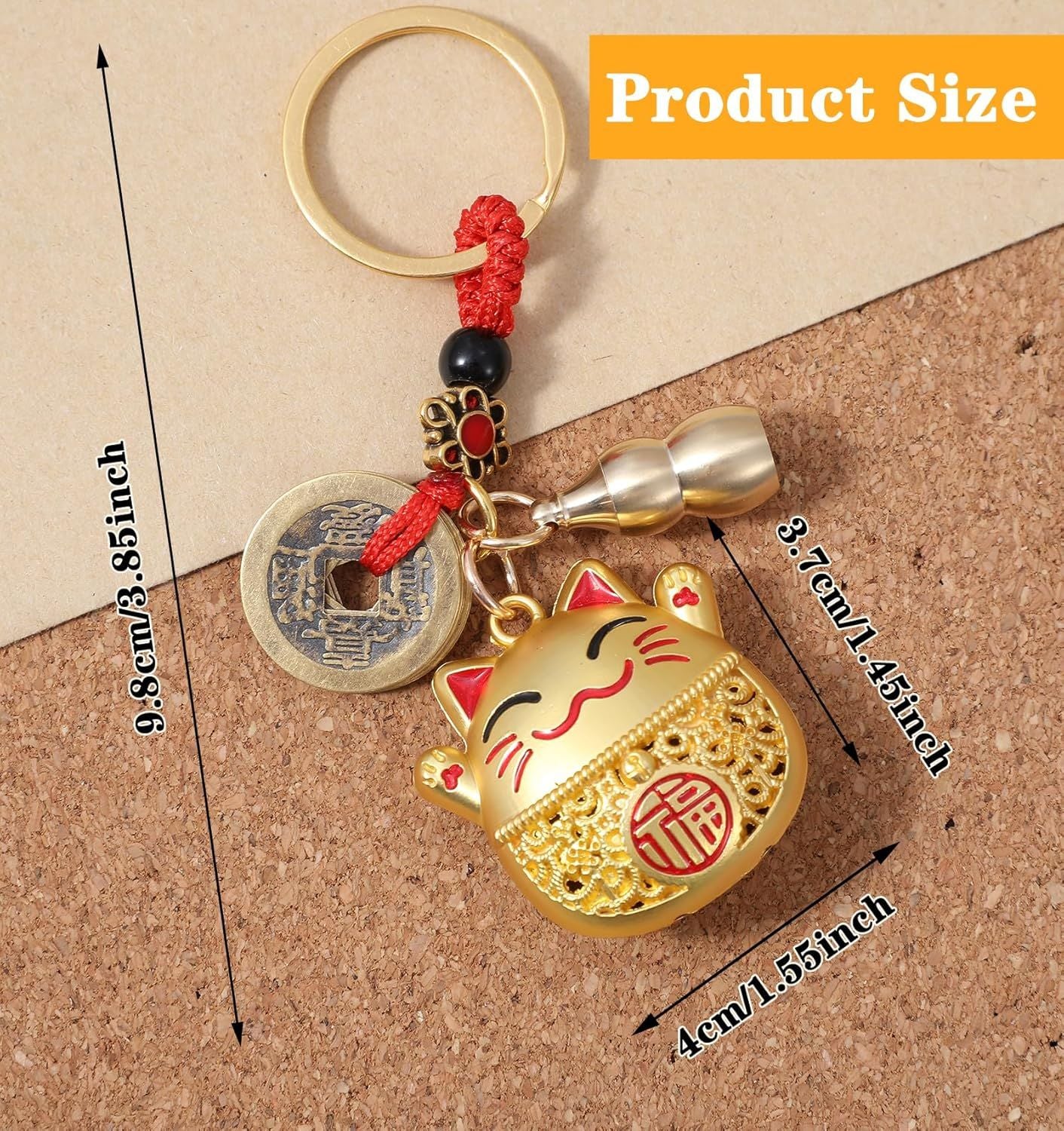 Lucky Cat Keychain, Good Luck Keychain with Feng Shui Coins, Tassel ＆ Gourd, Maneki Statue Charm for Good Luck, Gift for Cat Lovers