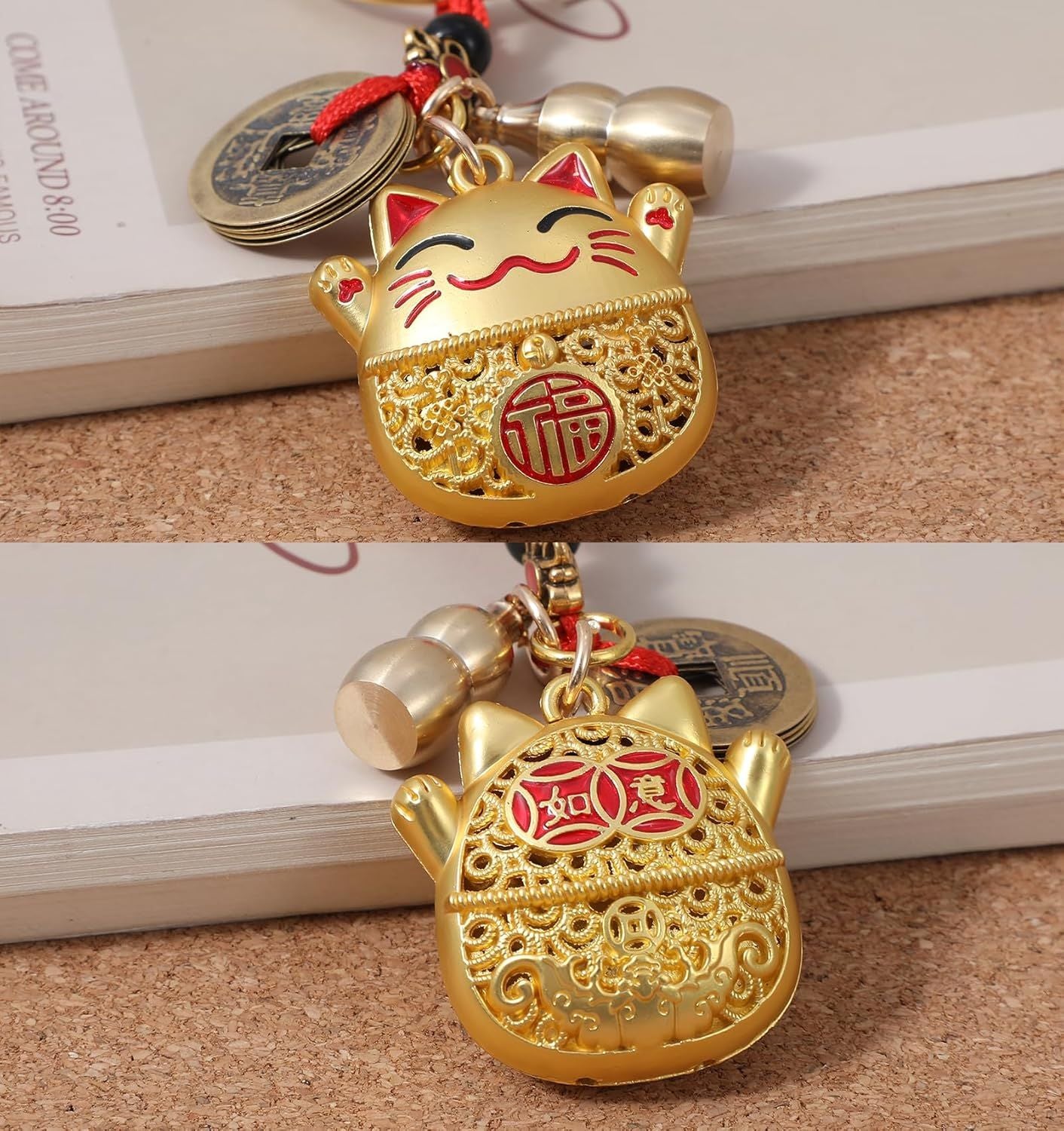 Lucky Cat Keychain, Good Luck Keychain with Feng Shui Coins, Tassel ＆ Gourd, Maneki Statue Charm for Good Luck, Gift for Cat Lovers