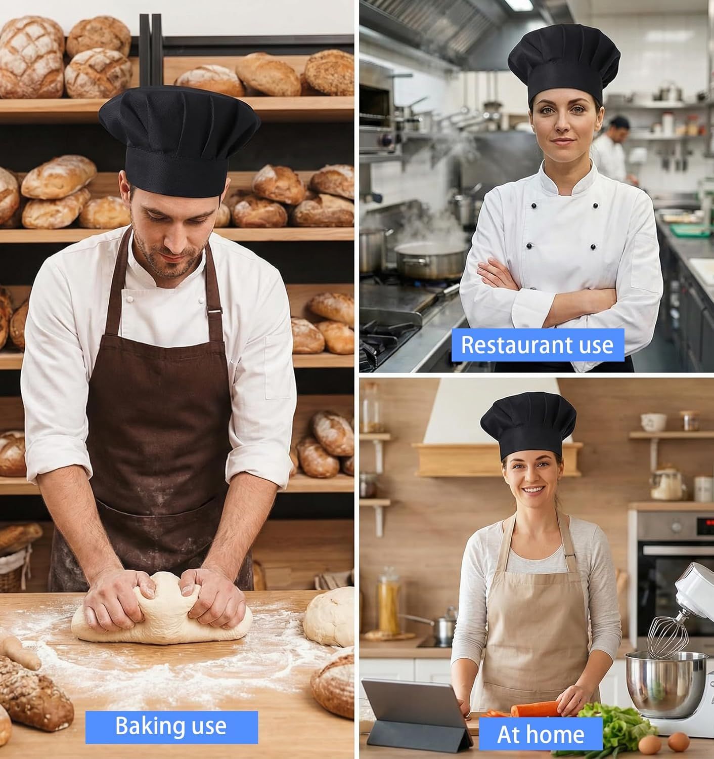 2PCS Black Chef Hat, Chef Cap for Men & Women, Breathable Baker's Hat for Cooking, Kitchen, Reusable & Washable