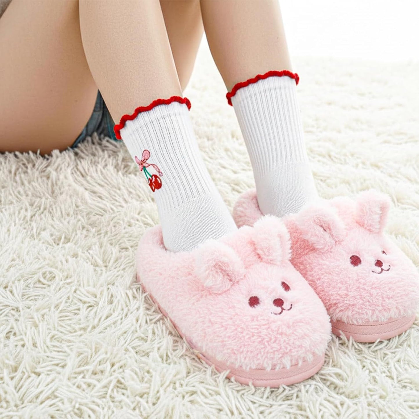 2 Pair Pilates Socks with Grips, Red Pink Non-Slip Pilates Yoga Grip Socks for Women, Cute Ruffle Design, Grippy Sticky Also Perfect for Barre & Fitness, Red & Pink
