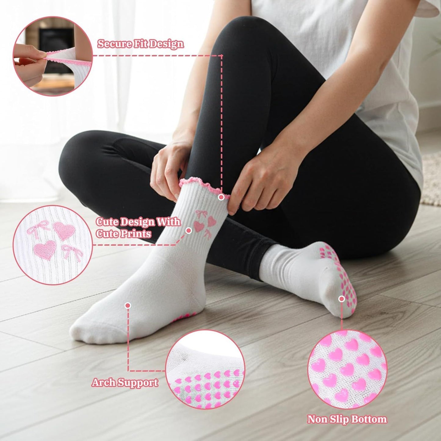 2 Pair Pilates Socks with Grips, Red Pink Non-Slip Pilates Yoga Grip Socks for Women, Cute Ruffle Design, Grippy Sticky Also Perfect for Barre & Fitness, Red & Pink