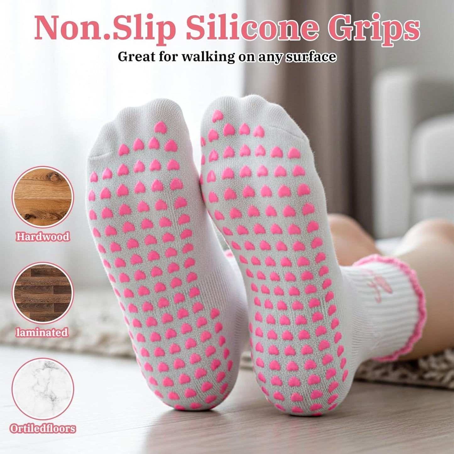 2 Pair Pilates Socks with Grips, Red Pink Non-Slip Pilates Yoga Grip Socks for Women, Cute Ruffle Design, Grippy Sticky Also Perfect for Barre & Fitness, Red & Pink
