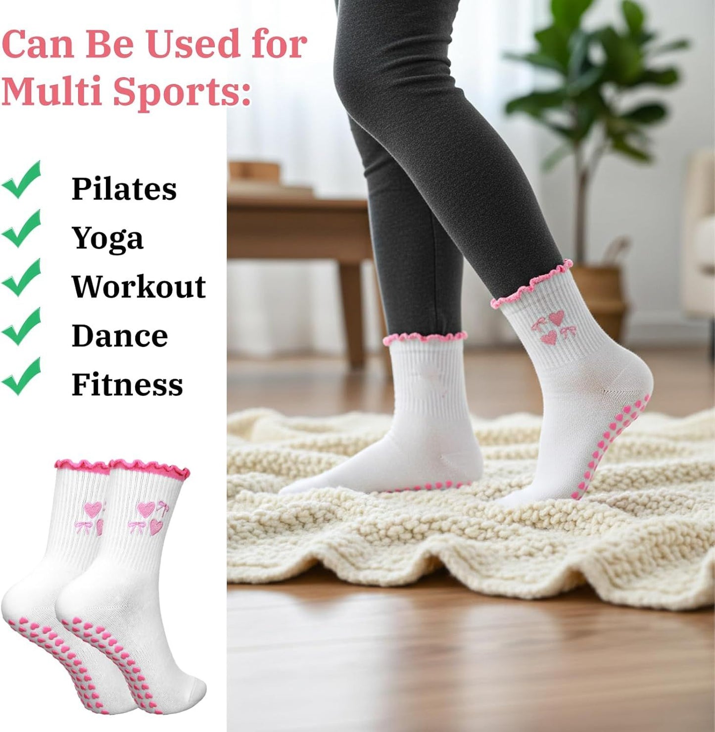 2 Pair Pilates Socks with Grips, Red Pink Non-Slip Pilates Yoga Grip Socks for Women, Cute Ruffle Design, Grippy Sticky Also Perfect for Barre & Fitness, Red & Pink