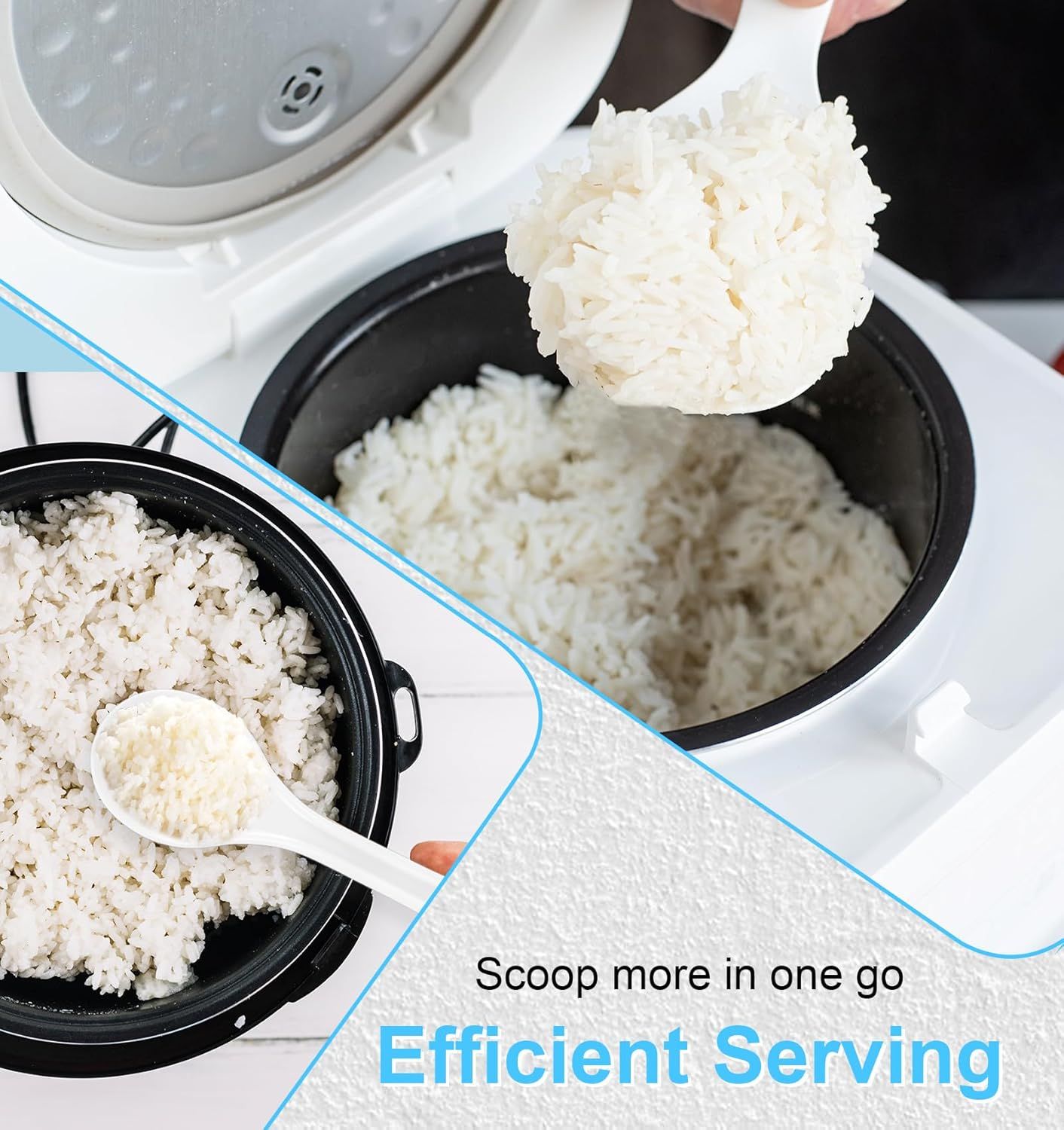 Rice Cooker Spoon, 2 Pack 7.7" Smooth Rice Spoon Paddle, Easy to Clean Non-stick Plastic Rices Serving Spoons with Ergonomic Handle & Hanging Hole for Scoop More in One Go, (White)