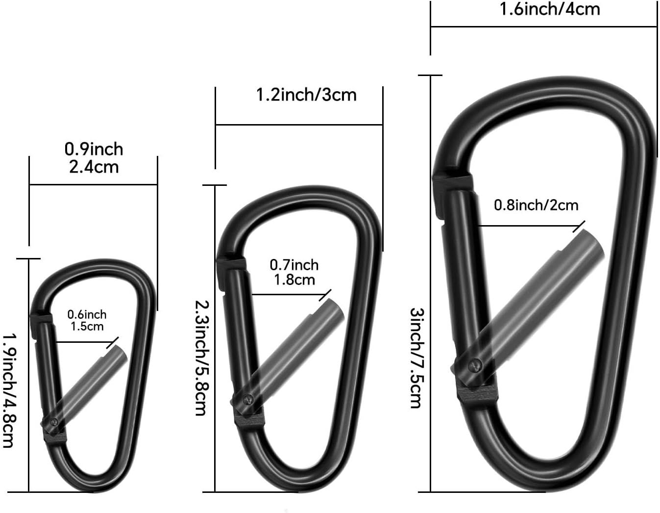 Black Carabiner Clip, Includes Mini 2 Inch Carbineers, Small 2.3" D Ring Clip, Large 3 Inch Carabiner Heavy Duty, Aluminum Caribiner Keychain Hook for Backpack Hiking Camping