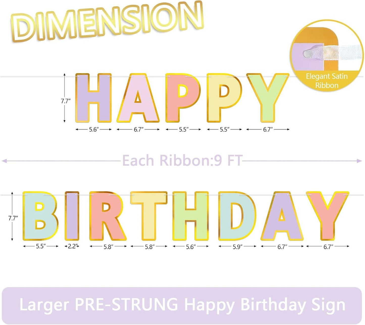 Happy Birthday Banner - 9ft Pre-Strung Happy Birthday Sign for Women, Men, Girls, Boys - No DIY Birthday Decorations & Party Supplies(Macaron)