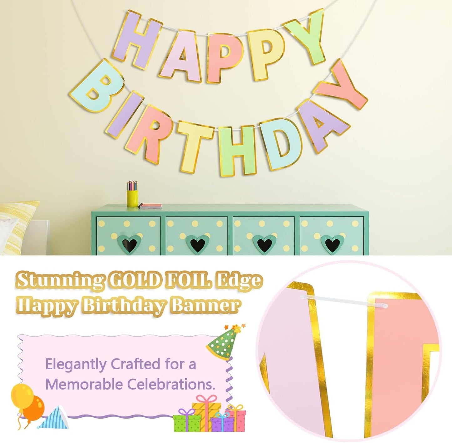 Happy Birthday Banner - 9ft Pre-Strung Happy Birthday Sign for Women, Men, Girls, Boys - No DIY Birthday Decorations & Party Supplies(Macaron)