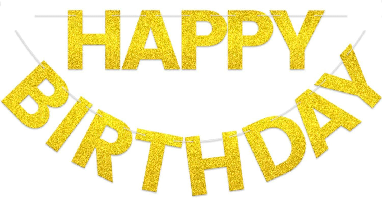 Happy Birthday Banner - 9 ft Pre-Strung Backdrop Sign for Women, Men, Girls, Boys - No DIY Gold Glitter Birthday Decorations & Party Supplies
