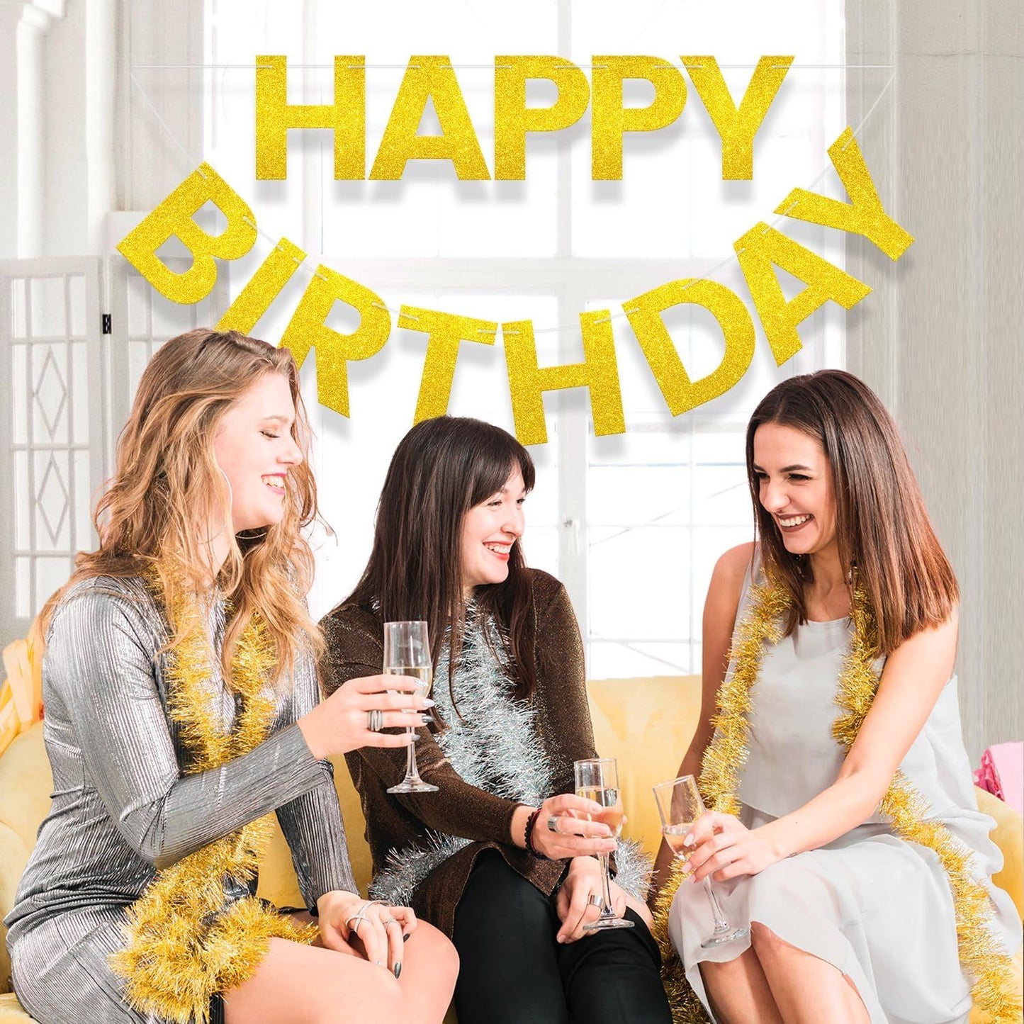 Happy Birthday Banner - 9 ft Pre-Strung Backdrop Sign for Women, Men, Girls, Boys - No DIY Gold Glitter Birthday Decorations & Party Supplies
