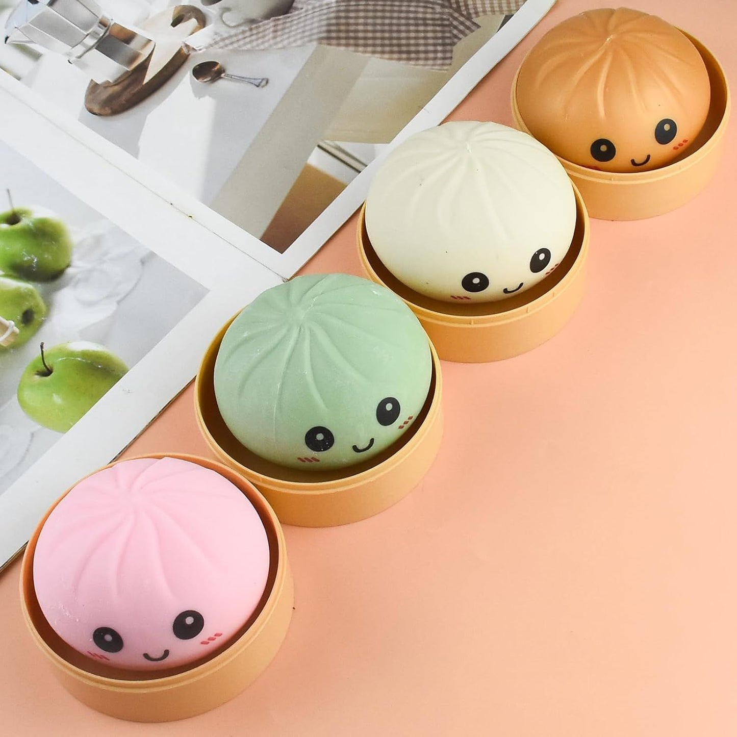 Giant Glitter Smiling face Colorful Dumpling Stress Balls Fidget Sensory Toy,Squeeze Dough Ball Stress Relief Hand Toy,Bun with Food Steamer Stretchy Desk Toys (Green)