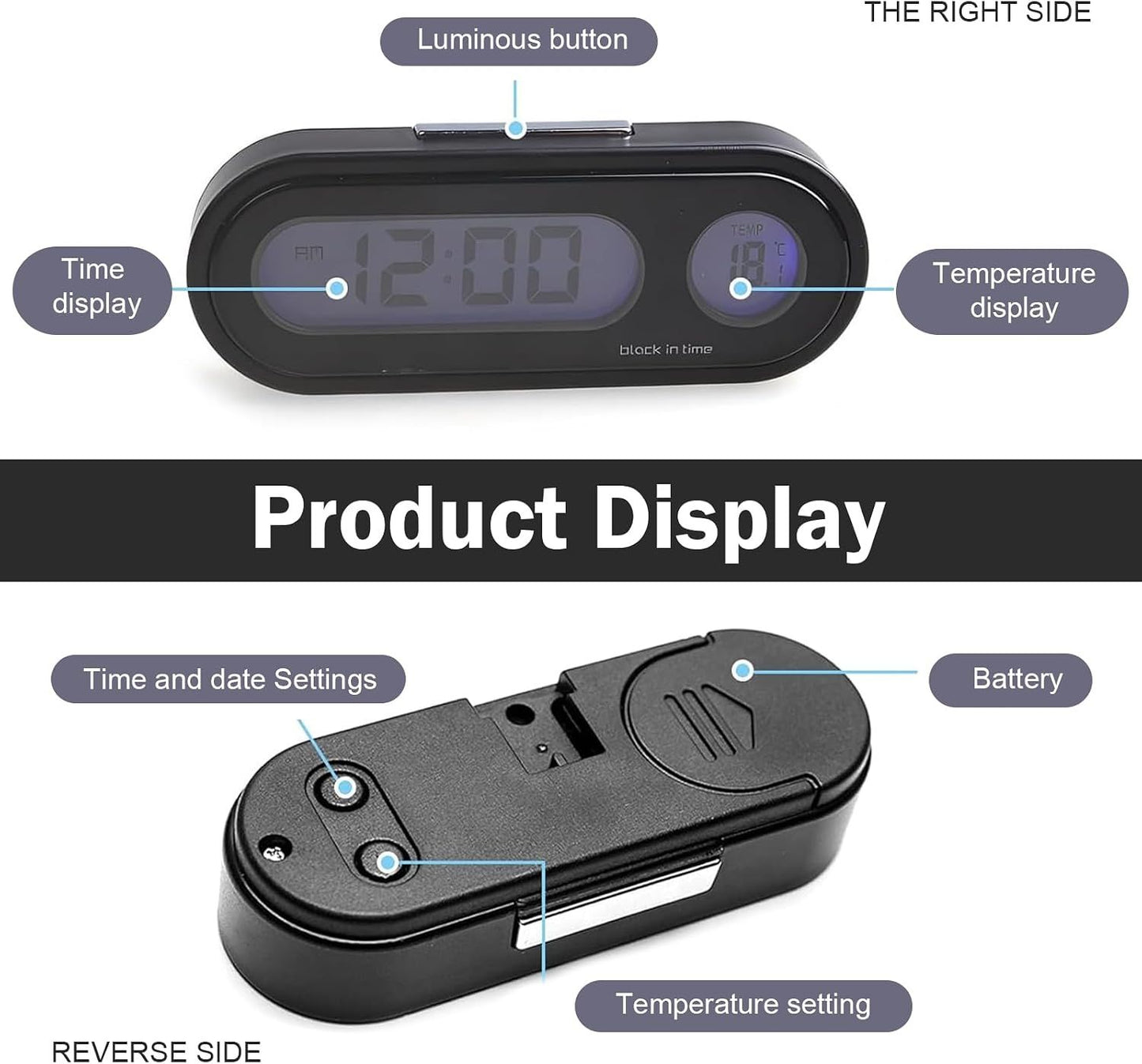 Car Clock, LED Luminous Dashboard Digital Clock, Angle-Adjustable Dual Screen Display for 12/24 Hours Switching Time & Temp, Self-Adhesive Mini Parts for Car & Home (Black)