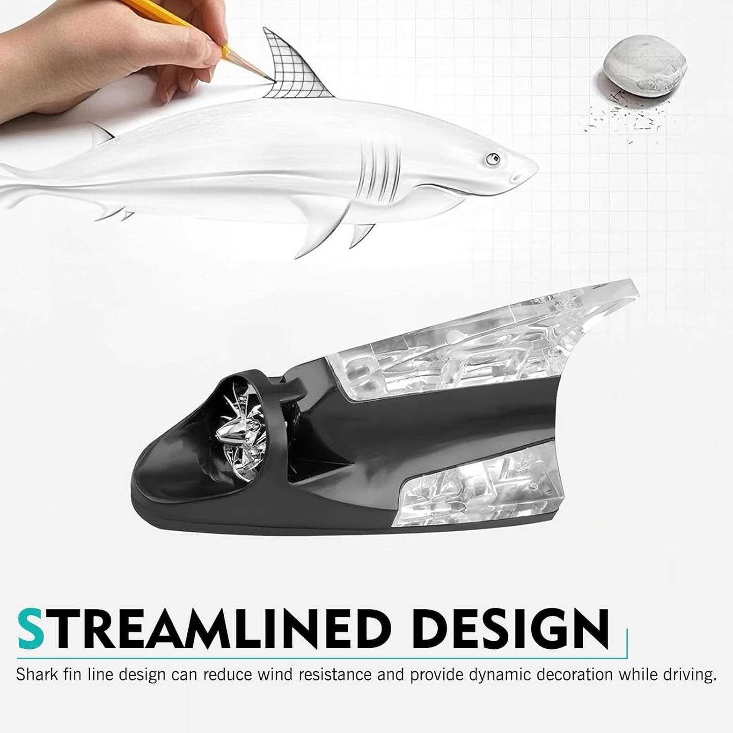 Car Roof LED Ornament Light, Shark Fin Shape High Brightness Safety Warning Lamp, Antenna Wind Power Flashing Tail Light, Universal Waterproof Self-adhesive Decoration for Cars (Black)