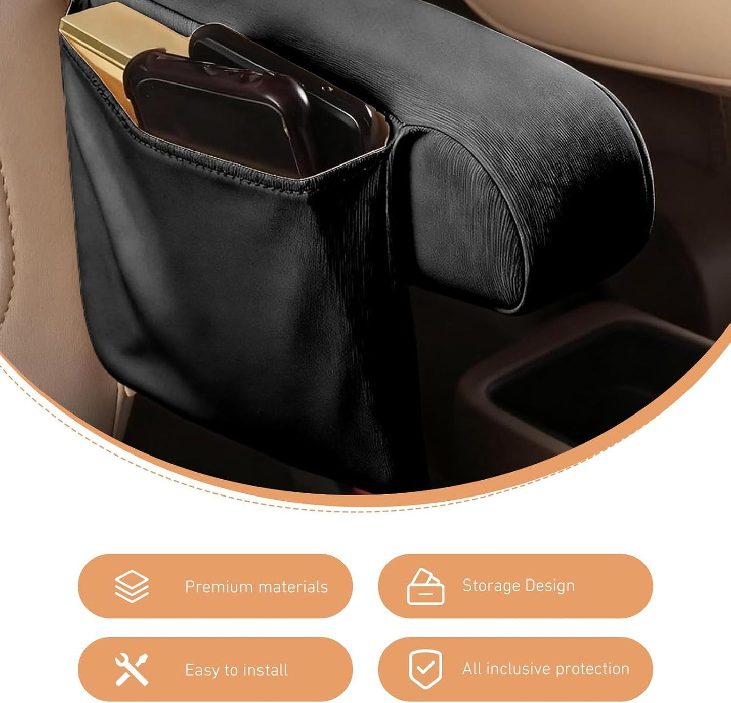 2 PCS Car Armrest Covers, Elastic Full Wrap Seat Armrest Protector with Storage Pocket, Breathable Abrasion Resistant Cover, Universal Interior Decor Accessory for Vans (Black)