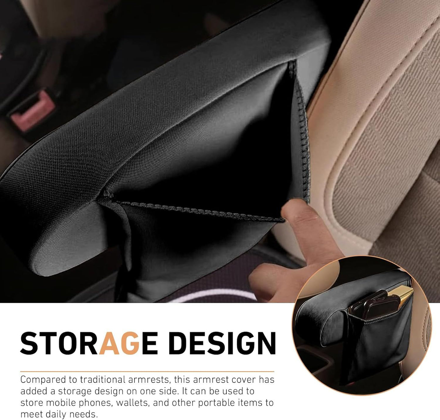 2 PCS Car Armrest Covers, Elastic Full Wrap Seat Armrest Protector with Storage Pocket, Breathable Abrasion Resistant Cover, Universal Interior Decor Accessory for Vans (Black)