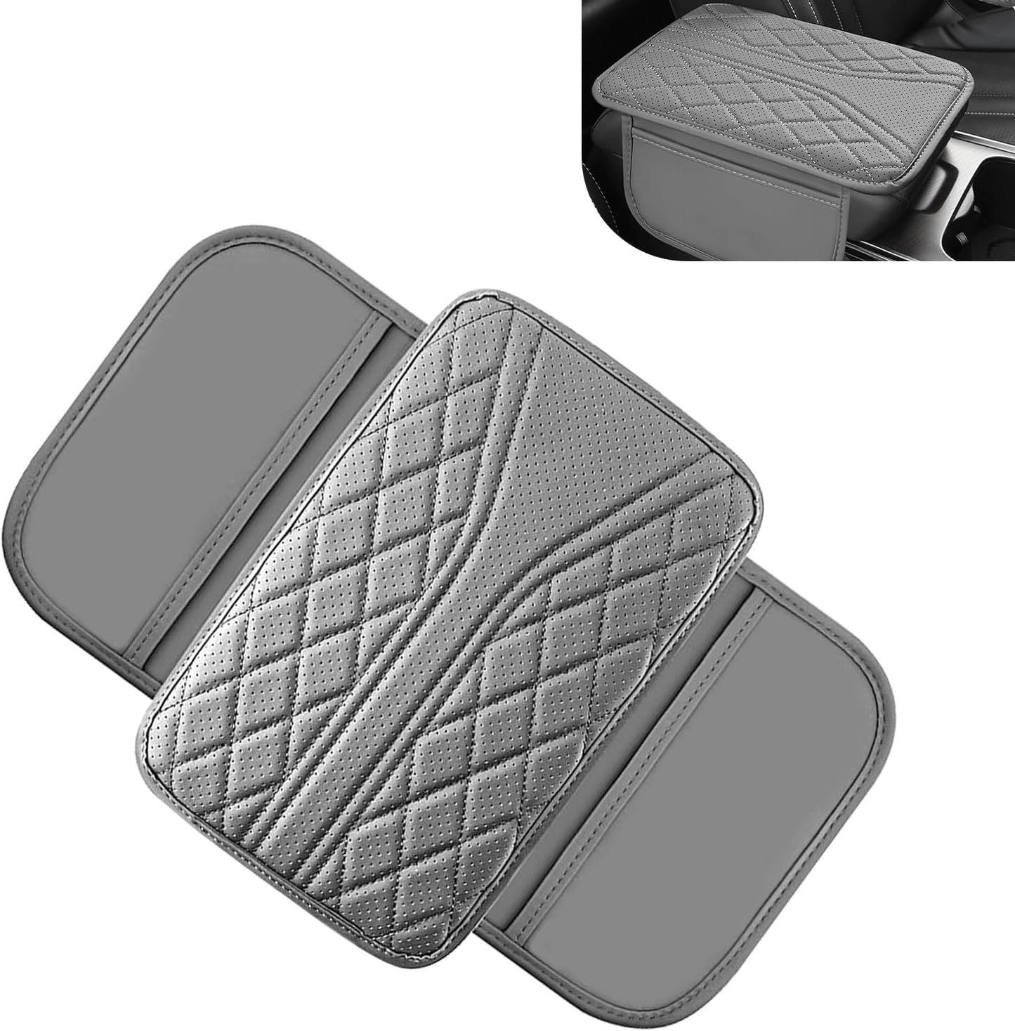 Car Armrest Cushion, Breathable Support Cover for Enhanced Elbow Comfort, Waterproof Anti-scratch Center Console Protector with Side Storage Pocket, Universal Slip-on Design for Car (Gray)