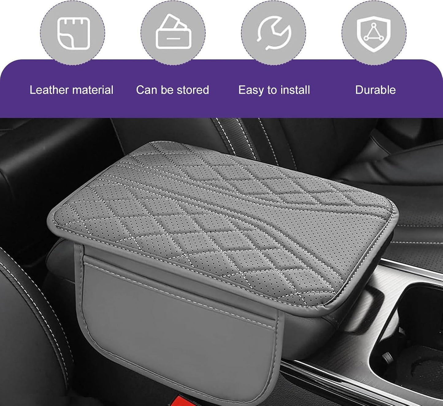 Car Armrest Cushion, Breathable Support Cover for Enhanced Elbow Comfort, Waterproof Anti-scratch Center Console Protector with Side Storage Pocket, Universal Slip-on Design for Car (Gray)