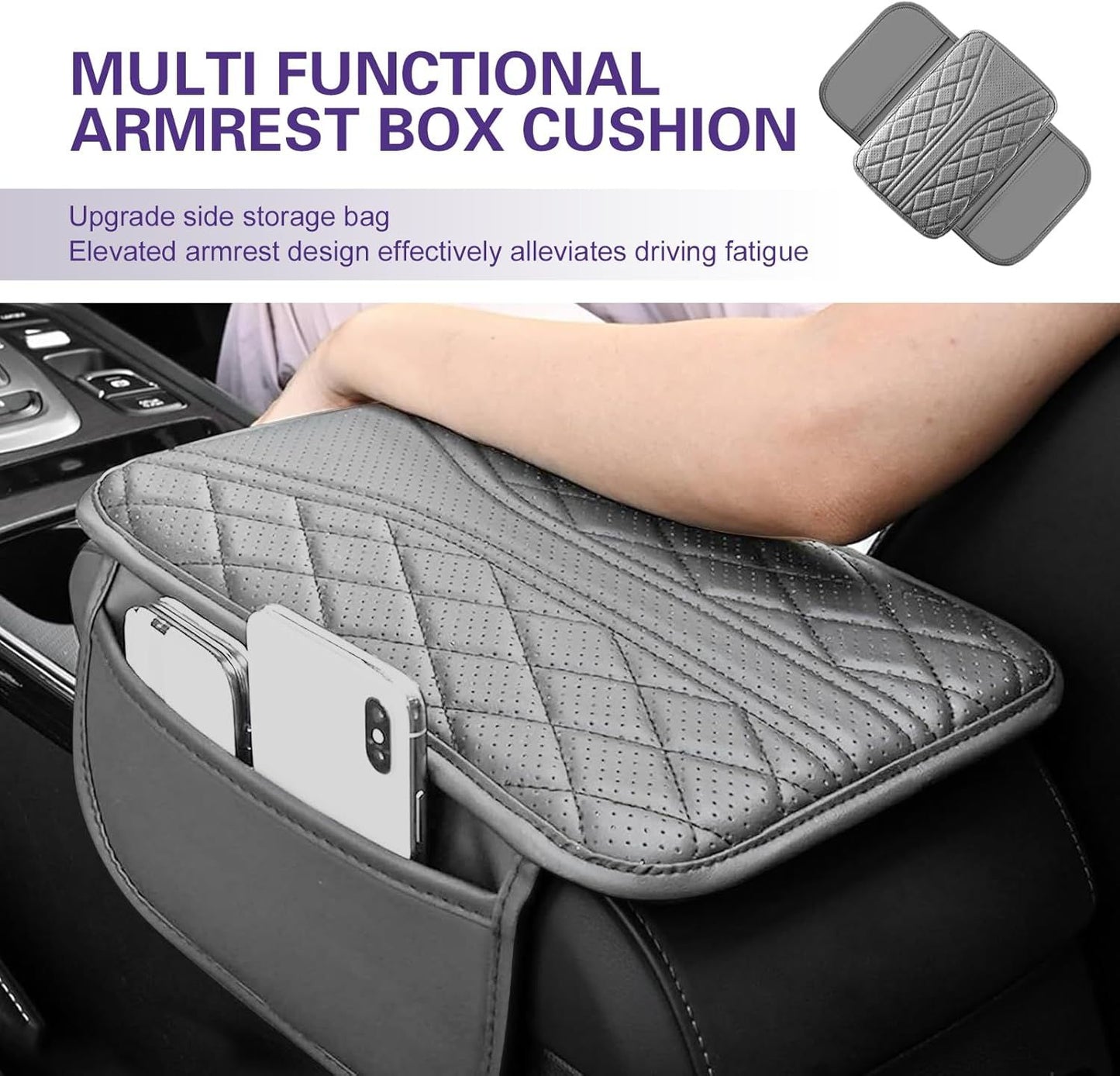 Car Armrest Cushion, Breathable Support Cover for Enhanced Elbow Comfort, Waterproof Anti-scratch Center Console Protector with Side Storage Pocket, Universal Slip-on Design for Car (Gray)