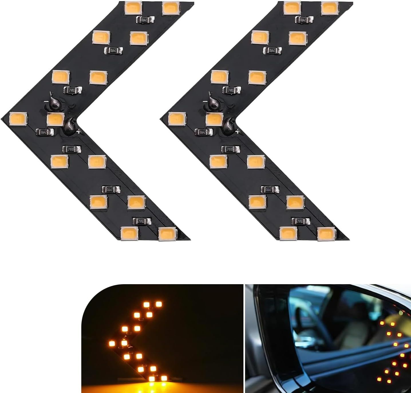 2 PCS Car Rearview Mirror Turn Signal Lights, Hidden LED Arrow Indicator with 3528-14SMD, 12V Sequential Flashing Light, Universal Side Mirror Safety Warning Modification for Cars (Yellow)