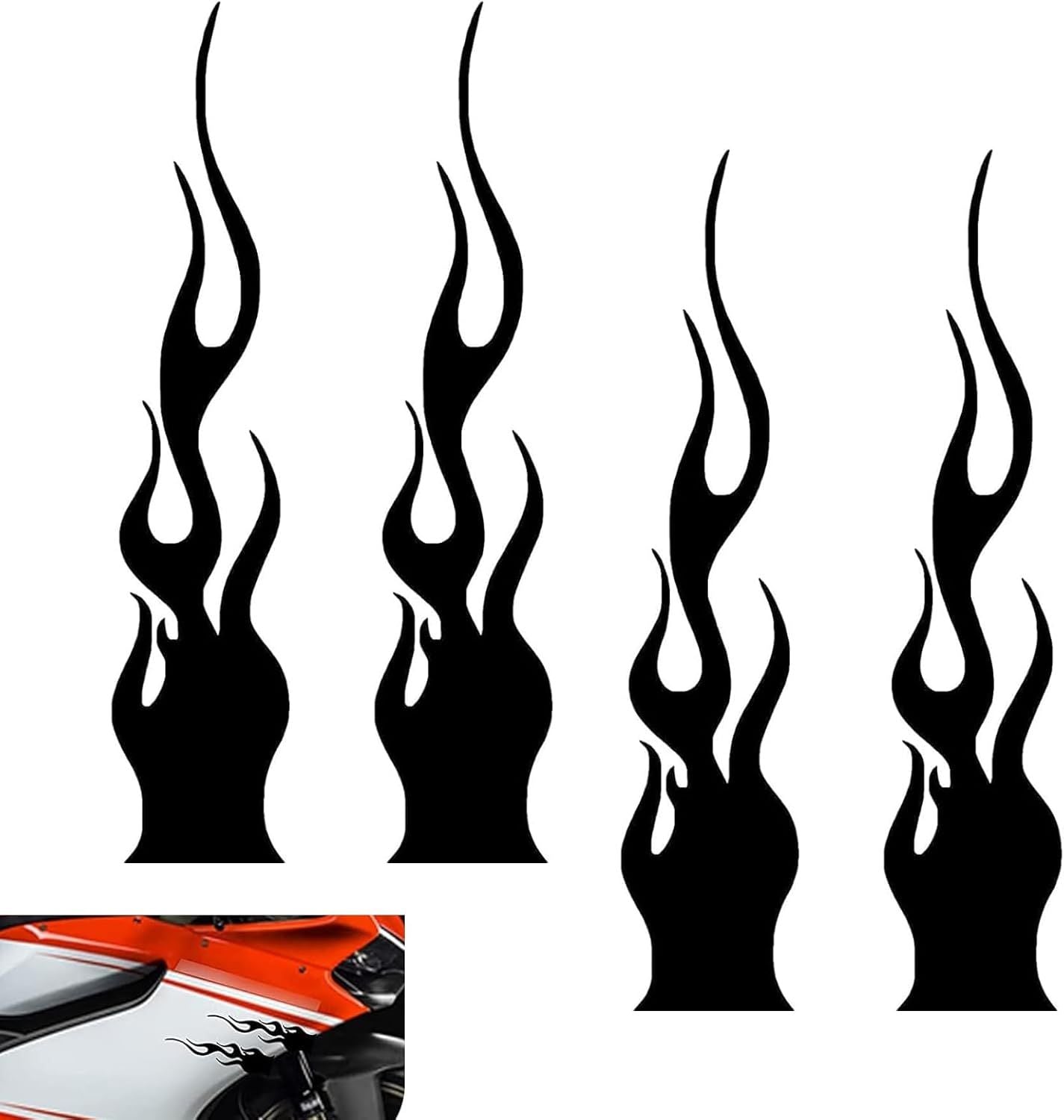 4 PCS Car Flame Stickers, Reflective Racing Style Decal, Flexible Anti-scratch Stripe Film with Back-adhesive, Universal Cuttable Trim for Body Hood Rearview Mirror Frame Helmet (Black)