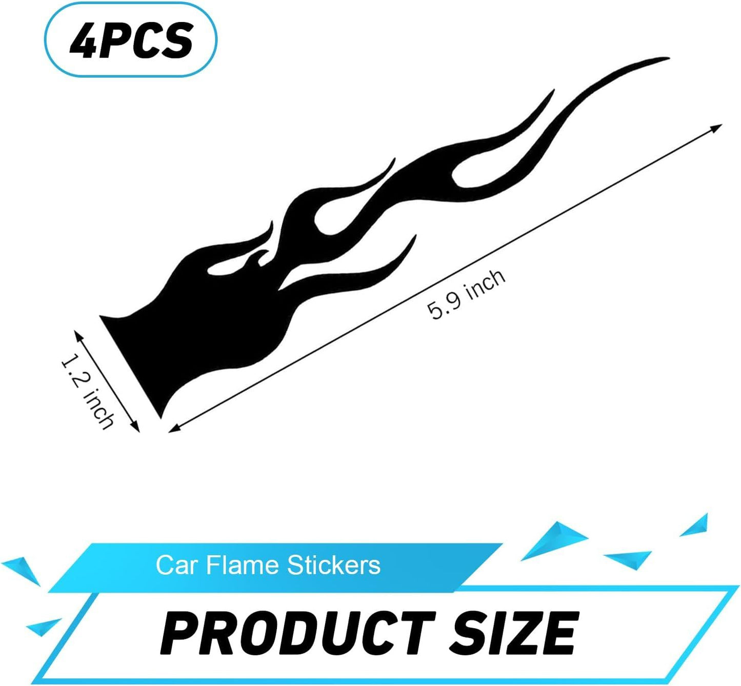 4 PCS Car Flame Stickers, Reflective Racing Style Decal, Flexible Anti-scratch Stripe Film with Back-adhesive, Universal Cuttable Trim for Body Hood Rearview Mirror Frame Helmet (Black)