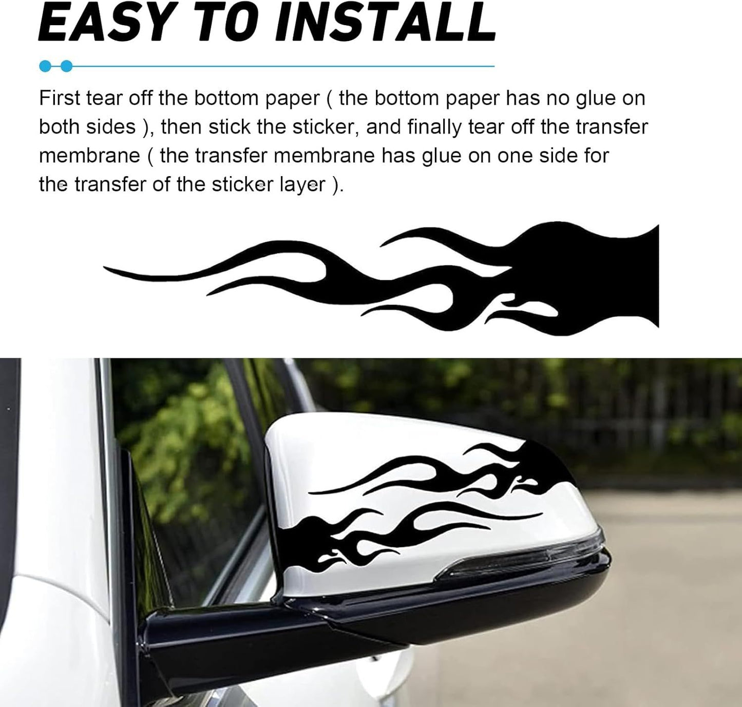 4 PCS Car Flame Stickers, Reflective Racing Style Decal, Flexible Anti-scratch Stripe Film with Back-adhesive, Universal Cuttable Trim for Body Hood Rearview Mirror Frame Helmet (Black)