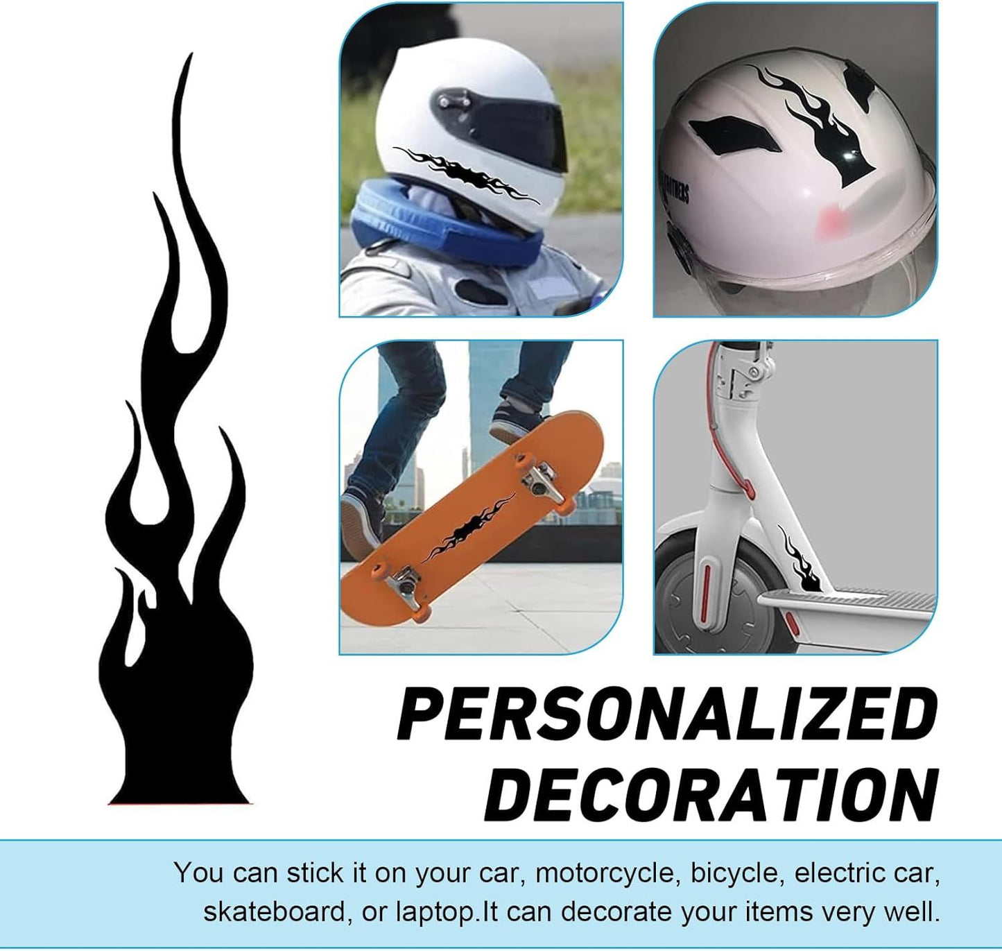 4 PCS Car Flame Stickers, Reflective Racing Style Decal, Flexible Anti-scratch Stripe Film with Back-adhesive, Universal Cuttable Trim for Body Hood Rearview Mirror Frame Helmet (Black)