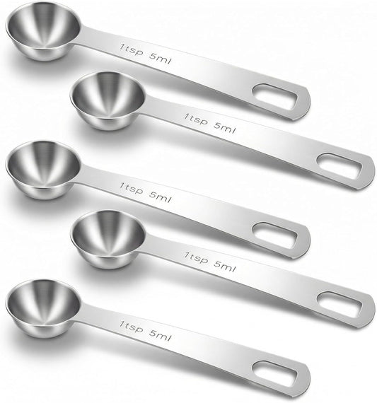 5PCS Teaspoon Measuring Spoon, 4.72 inch Stainless Steel 1 Tsp Measuring Spoon Set for Kitchen Ingredients (Silver, 5ml)