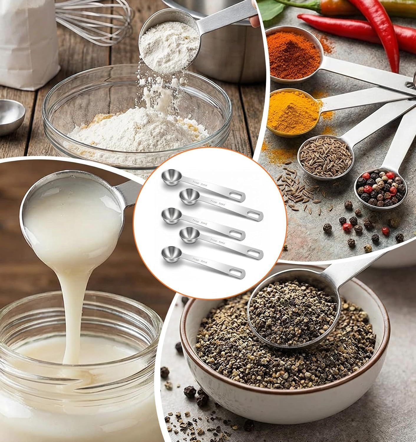5PCS Teaspoon Measuring Spoon, 4.72 inch Stainless Steel 1 Tsp Measuring Spoon Set for Kitchen Ingredients (Silver, 5ml)
