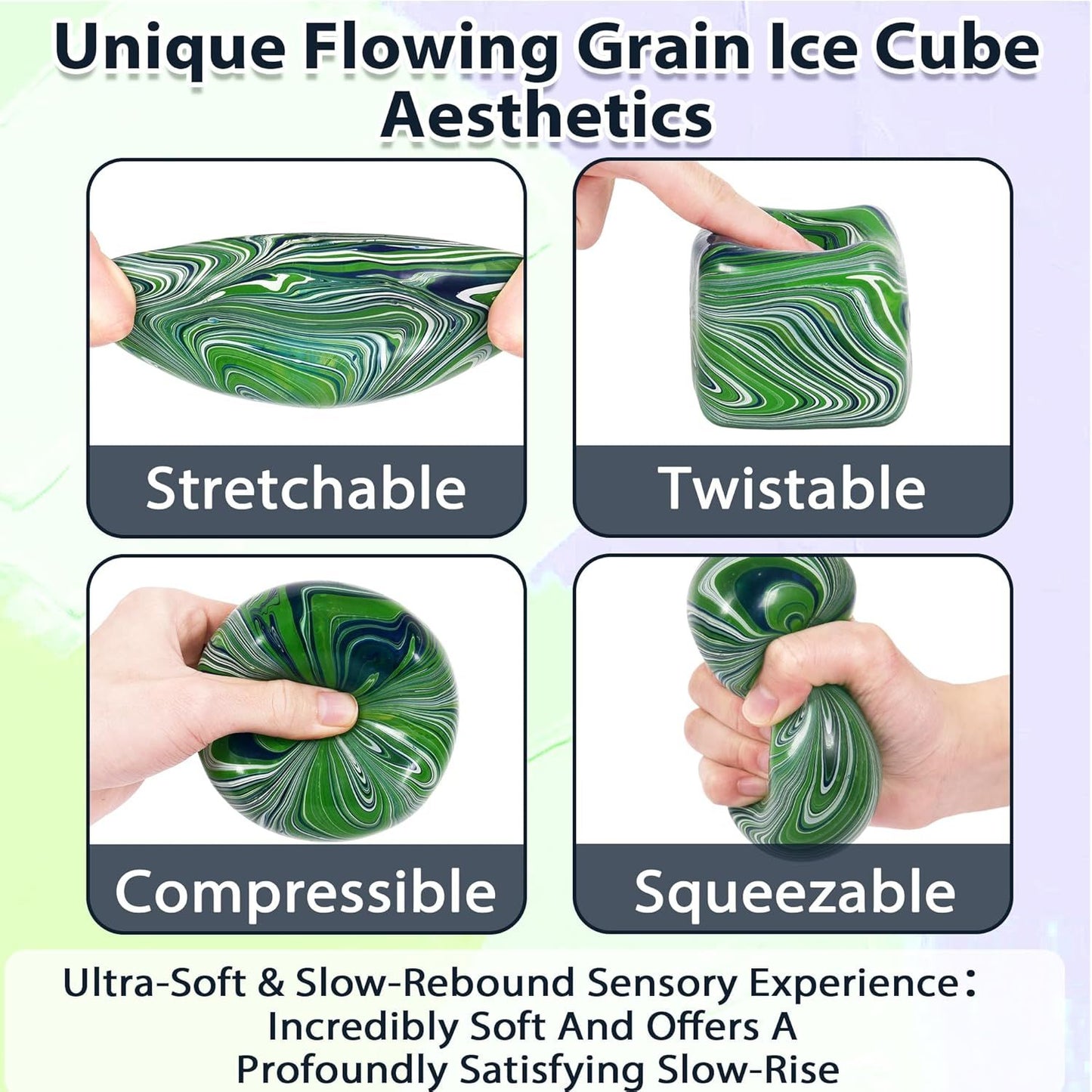 Large Veined Ice Cube Squishy Toy, 7cm (2.76 Inch) Big Stress Cube, Soft Sensory Fidget Toy for Anxiety Relief and Focus for Youth Adults, Squishy Ball (Green)