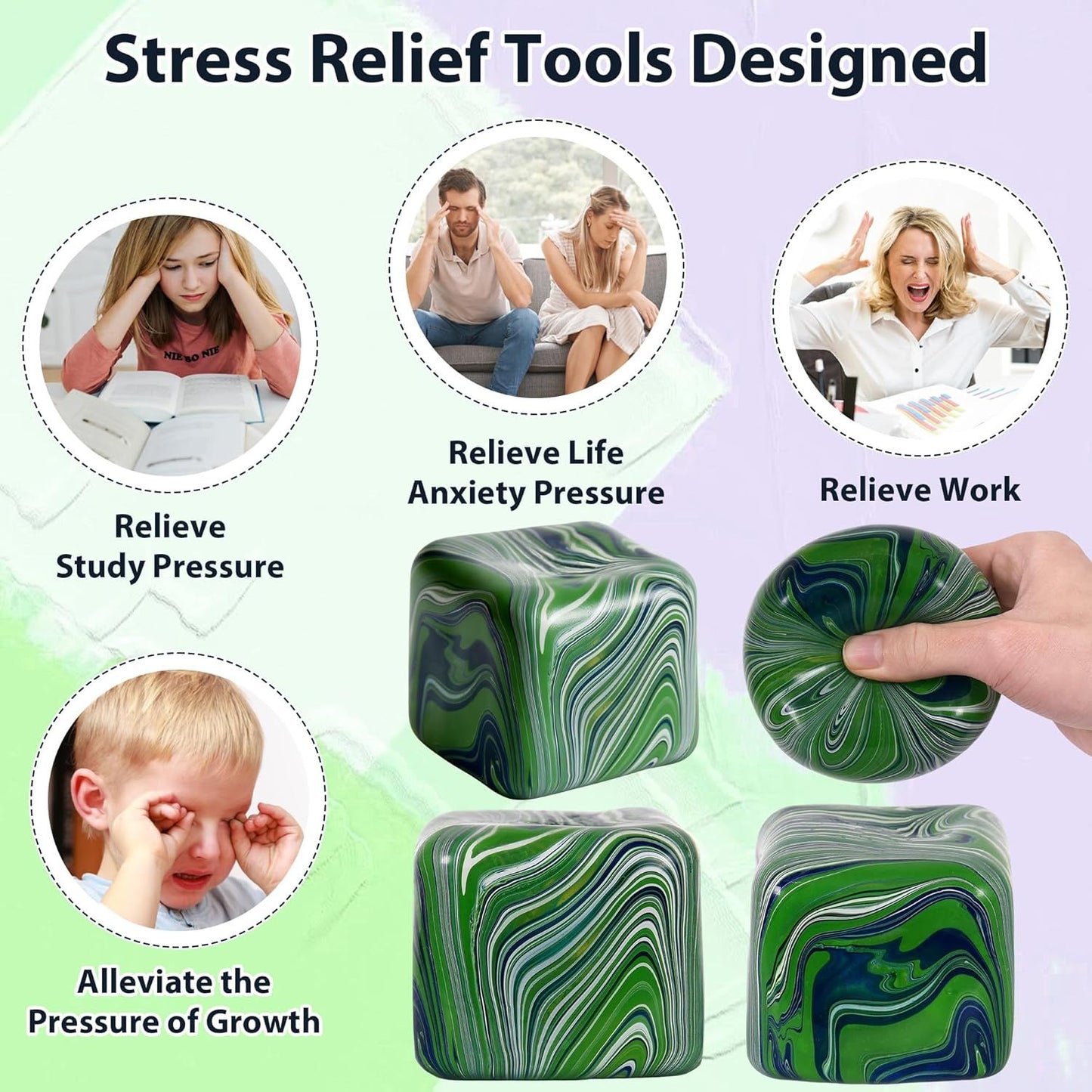 Large Veined Ice Cube Squishy Toy, 7cm (2.76 Inch) Big Stress Cube, Soft Sensory Fidget Toy for Anxiety Relief and Focus for Youth Adults, Squishy Ball (Green)
