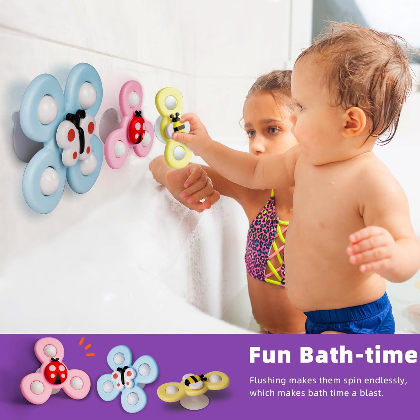 Strong Suction Cup Fidget Rotating Sensory Bath Toys for Baby Christmas Stocking Stuffers, Airplane Car Travel Table & Window Toys for Toddler Boys and Girls, 10+ Months
