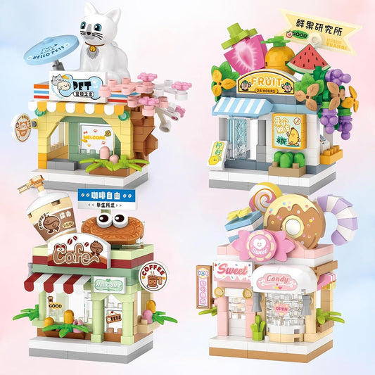 4 PCS Mini City Shop Street View Building Blocks Set,Simulation Architecture Collection Particle Construction Building Bricks Toy,Home Decor