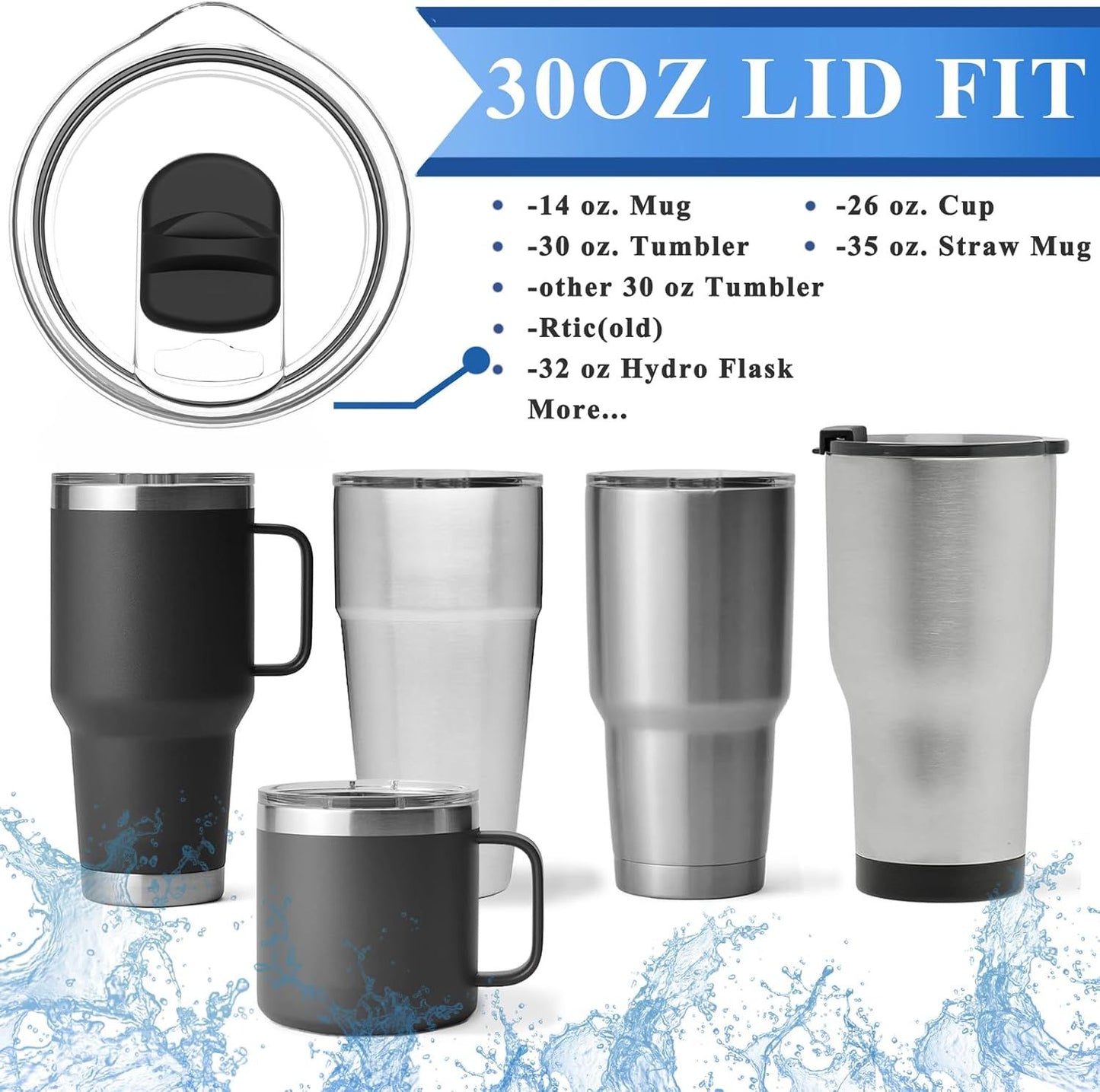 30 oz Tumbler Lid for YETI Rambler Magnetic Slider Lid Splash Resistant Replacement Lid for 30 oz Tumbler, 14 oz Mug and 35 oz Straw Mug, Ozark Trail Old Style RTIC Ember 14 oz, BPA Free (2 Pack)