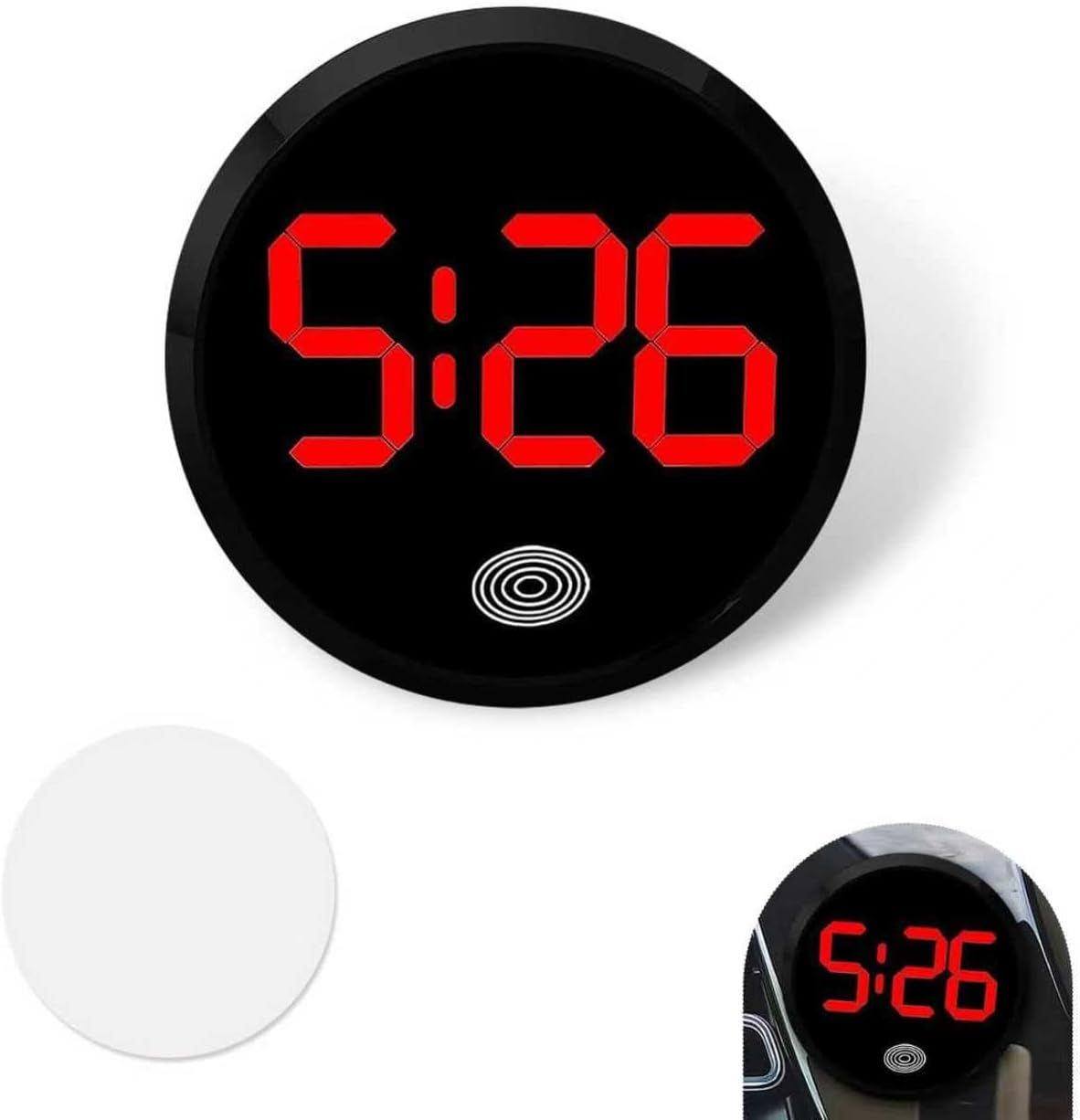 Car Digital Clock, Round Touch LED Display Screen Clock with Night Light, Anti-Drop Waterproof Mini Watch with 12H System, Universal Self-Adhesive Decoration Accessory for Car Dashboard (Red)