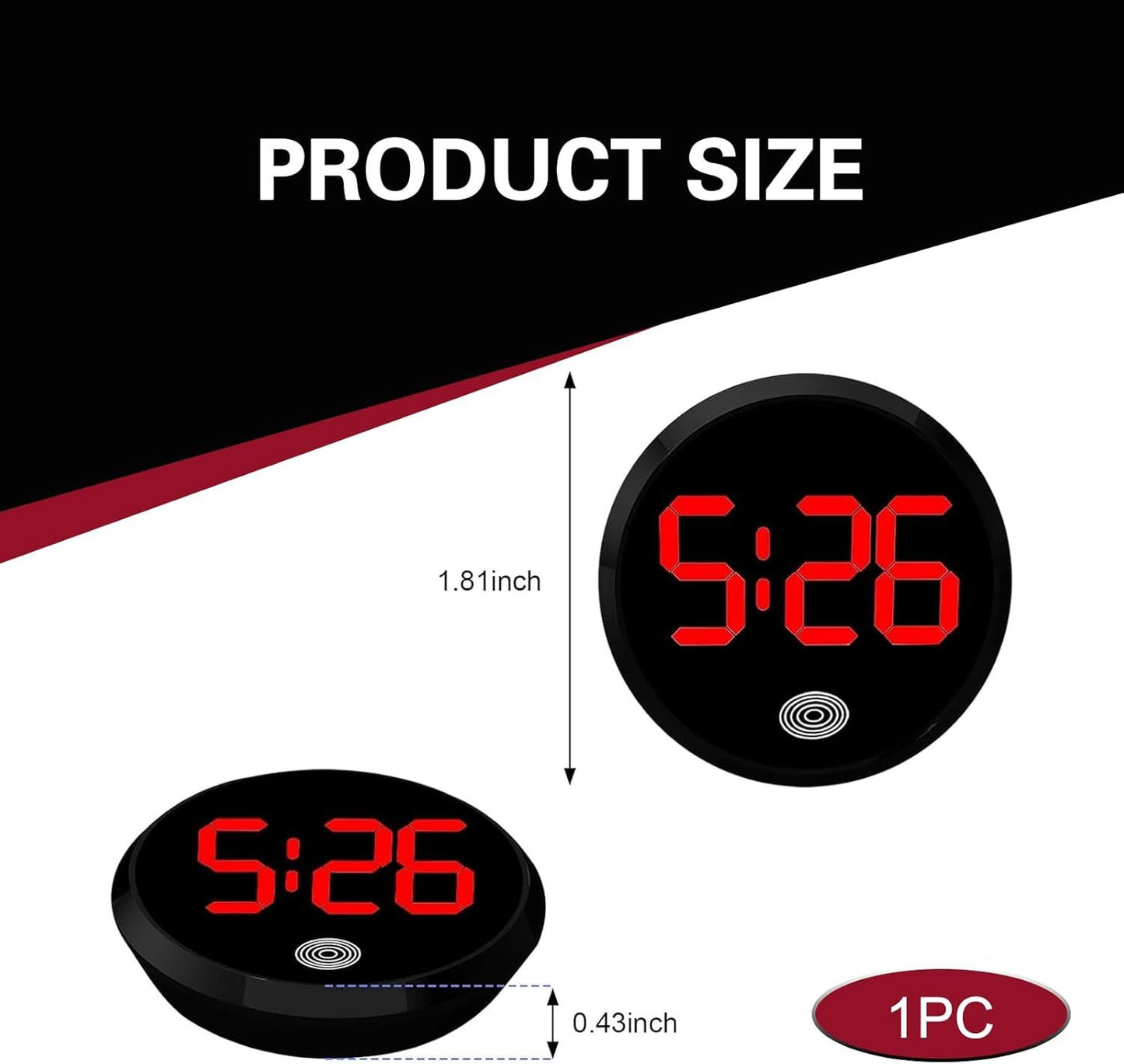 Car Digital Clock, Round Touch LED Display Screen Clock with Night Light, Anti-Drop Waterproof Mini Watch with 12H System, Universal Self-Adhesive Decoration Accessory for Car Dashboard (Red)