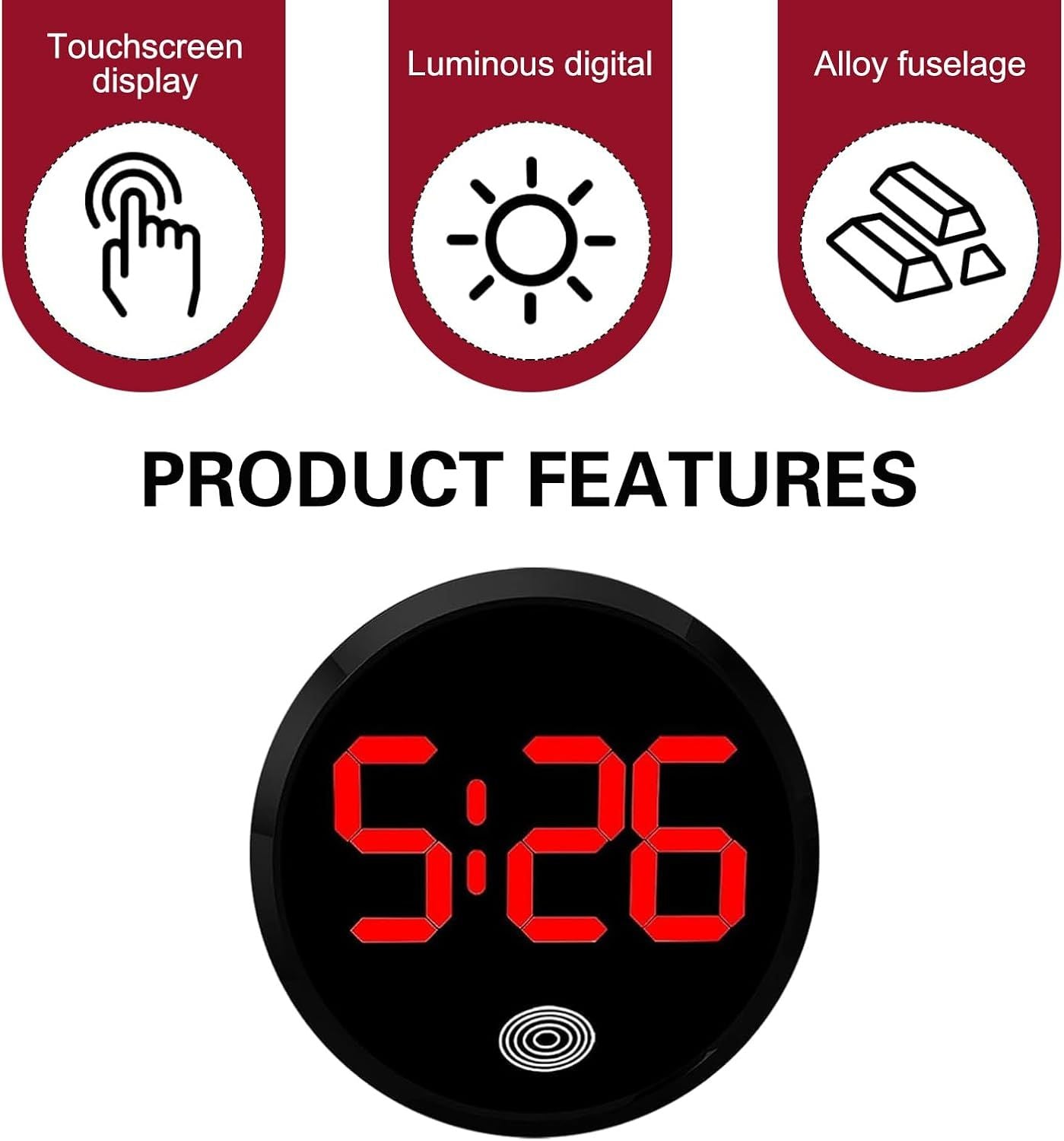 Car Digital Clock, Round Touch LED Display Screen Clock with Night Light, Anti-Drop Waterproof Mini Watch with 12H System, Universal Self-Adhesive Decoration Accessory for Car Dashboard (Red)