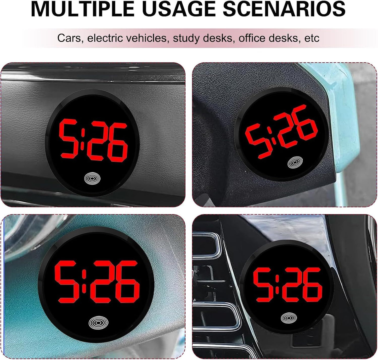 Car Digital Clock, Round Touch LED Display Screen Clock with Night Light, Anti-Drop Waterproof Mini Watch with 12H System, Universal Self-Adhesive Decoration Accessory for Car Dashboard (Red)