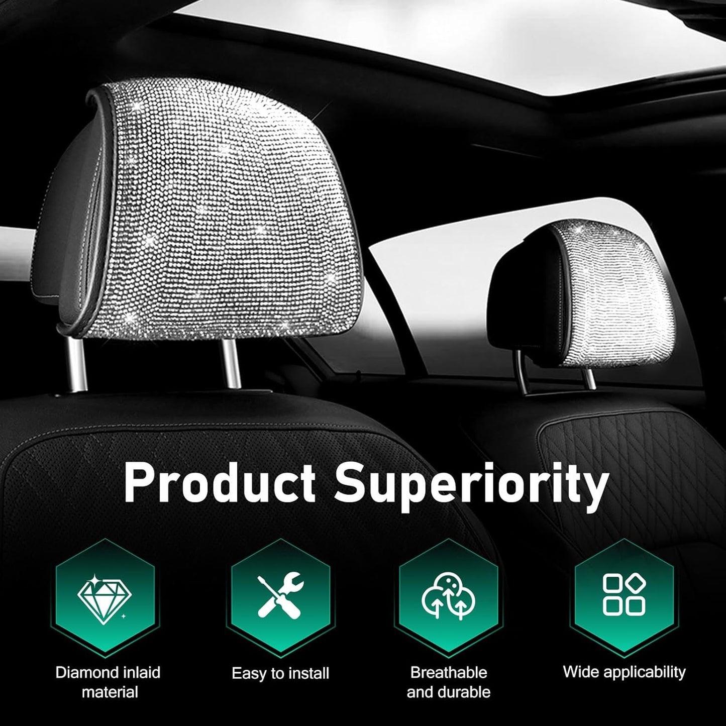 2 PCS Bling Car Headrest Covers, Rhinestone Ice Silk Front Headrest Decoration, Breathable Comfort Interior Seat Protector, Elastic Strap-on Cover for Most Vehicles (White)