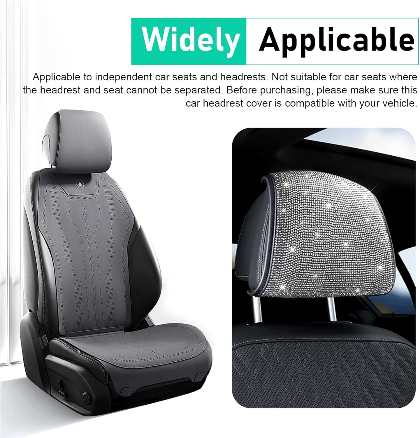 2 PCS Bling Car Headrest Covers, Rhinestone Ice Silk Front Headrest Decoration, Breathable Comfort Interior Seat Protector, Elastic Strap-on Cover for Most Vehicles (White)