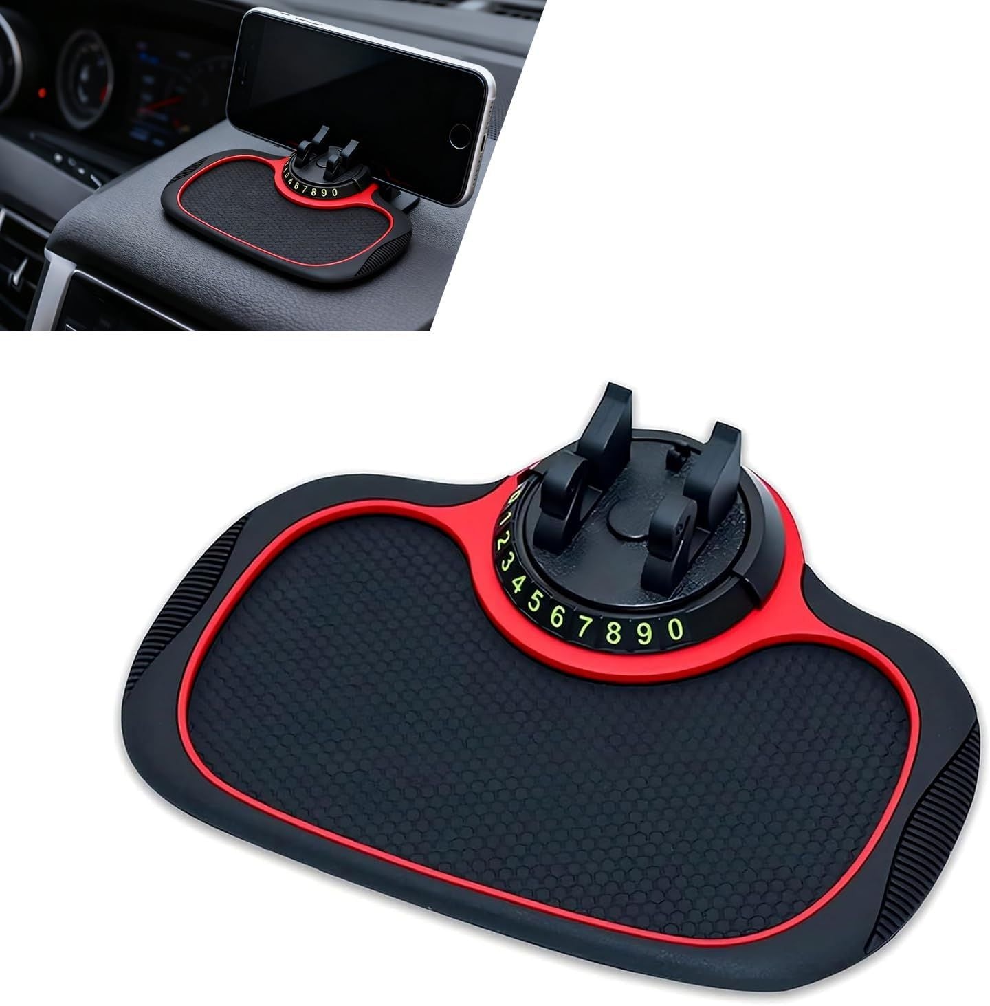 Multifunction Car Anti-slip Mat, Storage Pad & Rotatable Phone Holder & Parking Number Plate, Large Organizer Pad for Phone Keys Sunglasses, Dashboard Storage Accessory for Cars (Black & Red)