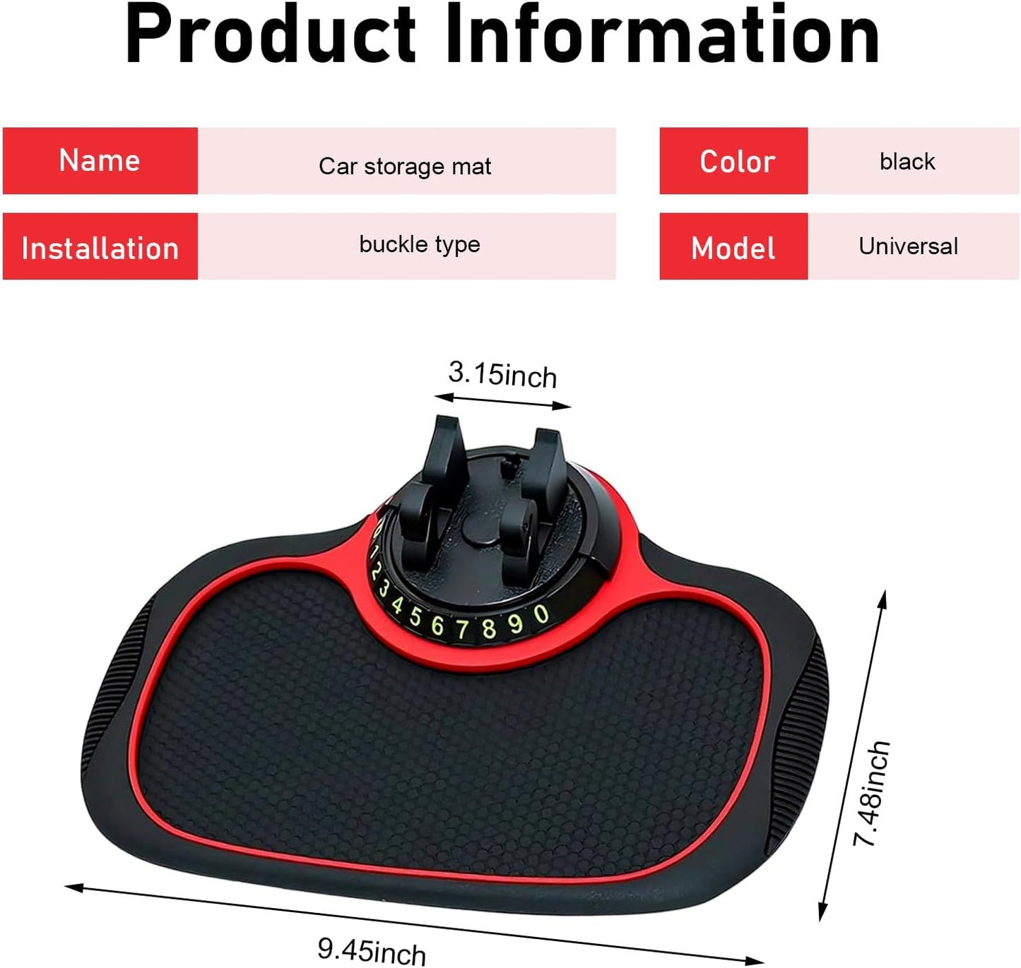 Multifunction Car Anti-slip Mat, Storage Pad & Rotatable Phone Holder & Parking Number Plate, Large Organizer Pad for Phone Keys Sunglasses, Dashboard Storage Accessory for Cars (Black & Red)