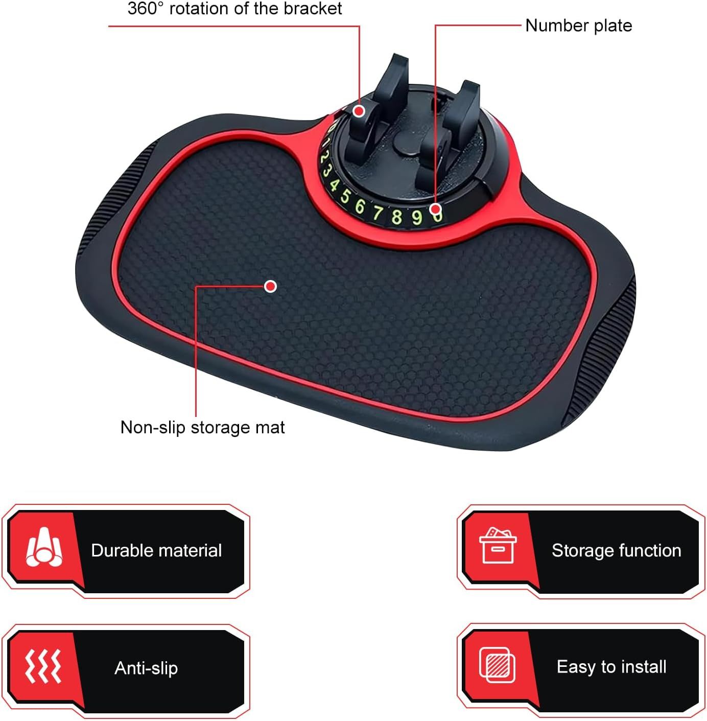 Multifunction Car Anti-slip Mat, Storage Pad & Rotatable Phone Holder & Parking Number Plate, Large Organizer Pad for Phone Keys Sunglasses, Dashboard Storage Accessory for Cars (Black & Red)