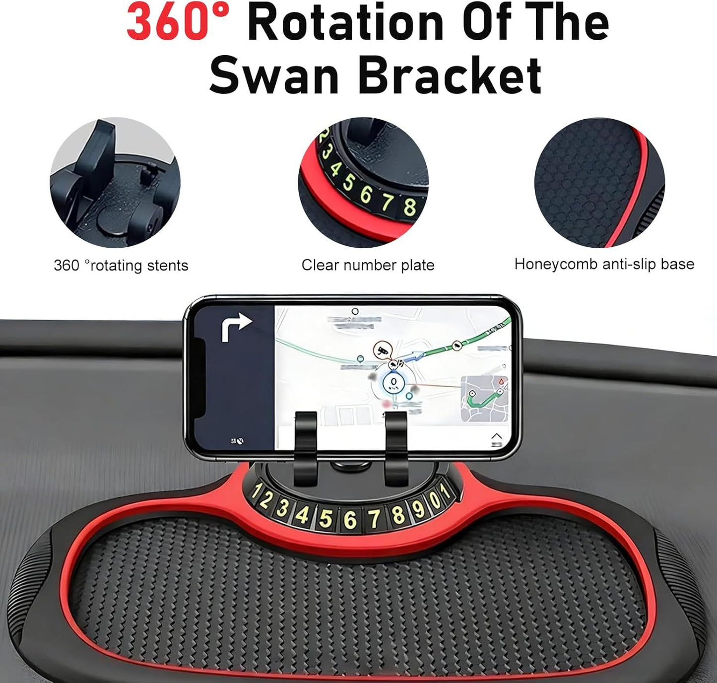 Multifunction Car Anti-slip Mat, Storage Pad & Rotatable Phone Holder & Parking Number Plate, Large Organizer Pad for Phone Keys Sunglasses, Dashboard Storage Accessory for Cars (Black & Red)