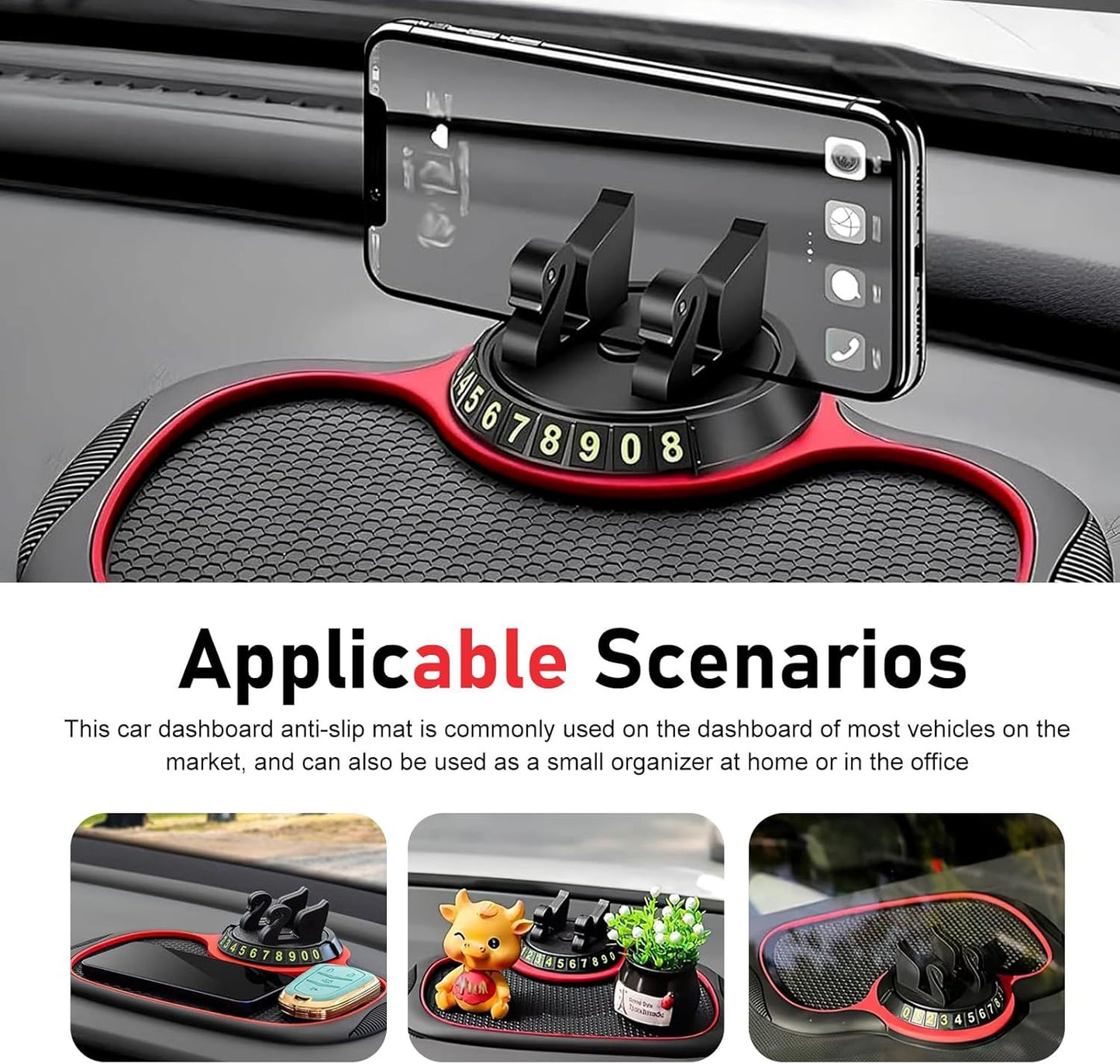 Multifunction Car Anti-slip Mat, Storage Pad & Rotatable Phone Holder & Parking Number Plate, Large Organizer Pad for Phone Keys Sunglasses, Dashboard Storage Accessory for Cars (Black & Red)